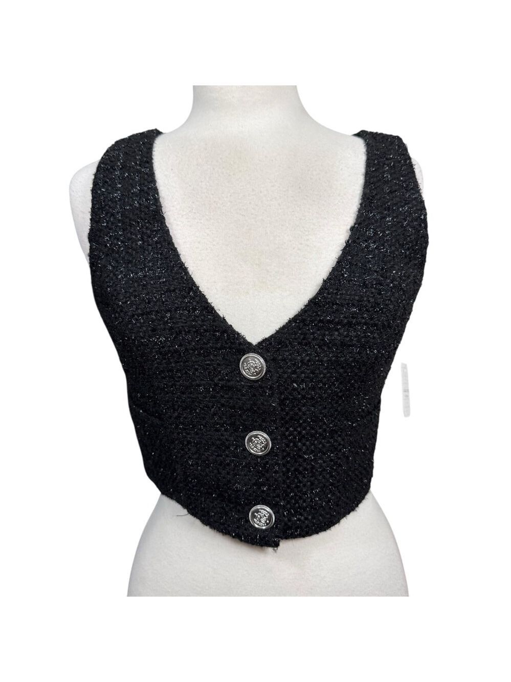 Altar’d State Black Sparkle Tweed Button Front Cropped Vest Size Small NWT